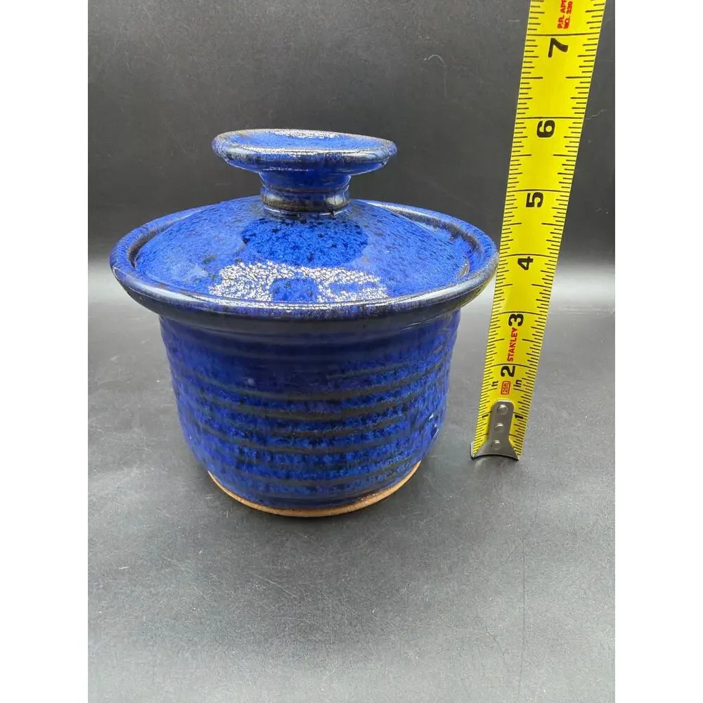 Vintage Mudflat Stoneware Cobalt Blue Covered Crock Canister Studio Pottery Hand